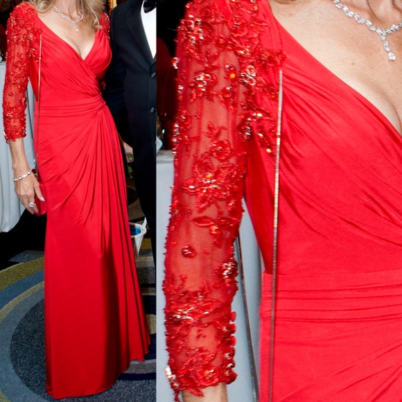 Stephen Yearick Red Formal Evening Dress, Red Beaded, V-neck, Long Sleeves - Picture 2 of 4